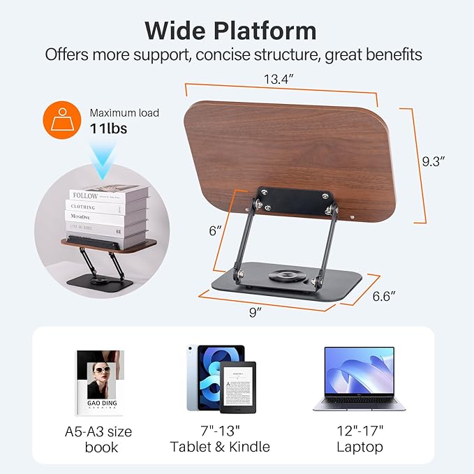 Book Stand for Reading, Adjustable Book Holder with 360° Rotating Base & Elastic Page Clips, Foldable Cookbook Stand for Office, Kitchen, School Textbook, Recipe, Magazine,Tablet