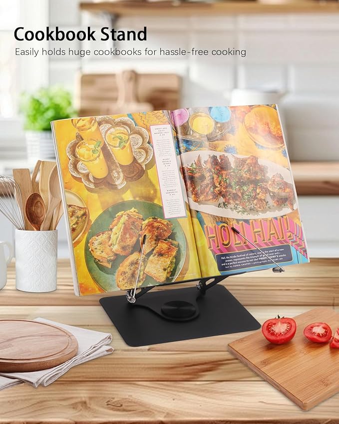 Honagu Book Stand for Reading, Adjustable Book Holder with 360 Degree Rotating Base & Page Clips, Hands Free Foldable Desktop Cookbook Stand for Sheet Music, Laptop, Recipe, Textbook (Brown Wood)