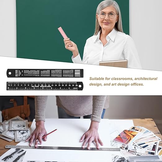 HARFINGTON 4pcs Metal Straight Ruler 20cm Metric SAE Aluminum Alloy Measuring Rulers Scale Tool with Hole for Measure Study Reading Classroom Office, Black