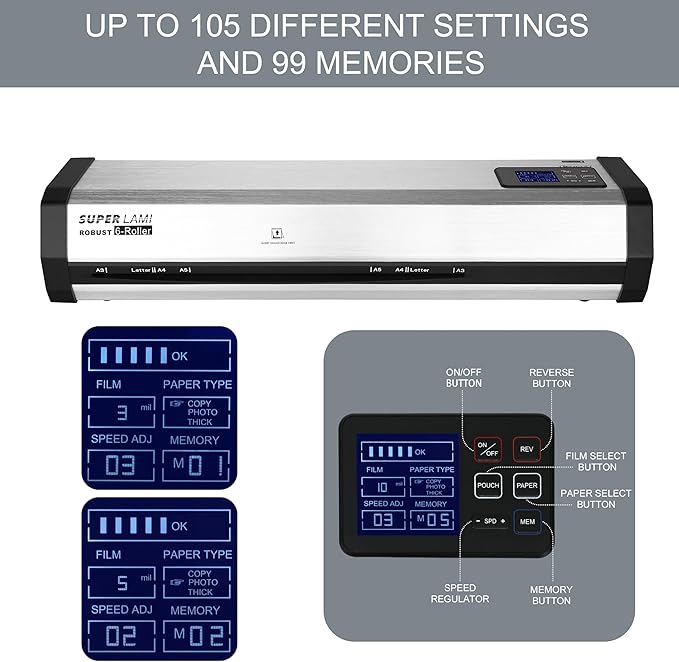 SINCHI Robust 6-Roller Laminator Machine with LCD Display, 3-10 Mil, Heavy Duty, 13-inch Thermal Laminating Machine for Commercial Use, 1.5-Minute Warm-up, 90 Inches/Minute, 105 Settings & 99 Memories