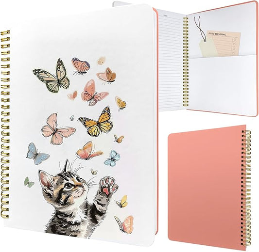 Cute Spiral Notebook journal B5 Aesthetic Pretty Design for Women Girls Kawaii with Pocket, 10 x 7.2 inch, Lined, Cat Butterfly