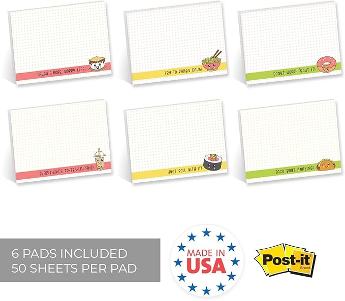 Cute Food Pun Sticky Note Assortment / 4" x 3" Trendy Repositionable Sticky Notes/Set of 6 Kawaii Foodie Pads/Made in The USA