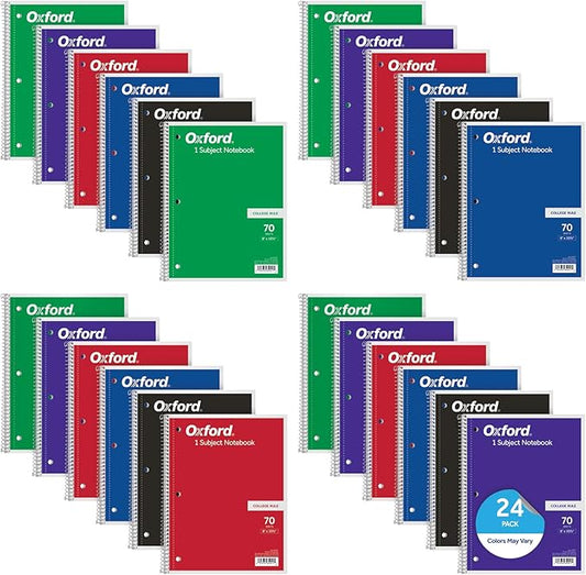 Oxford Spiral Notebooks, Bulk College Ruled Spiral Notebooks for School, 1-Subject, College Ruled Paper, 70 Lined Sheets, 24 per Pack, 3-Hole Punch, Colors May Vary (65021)