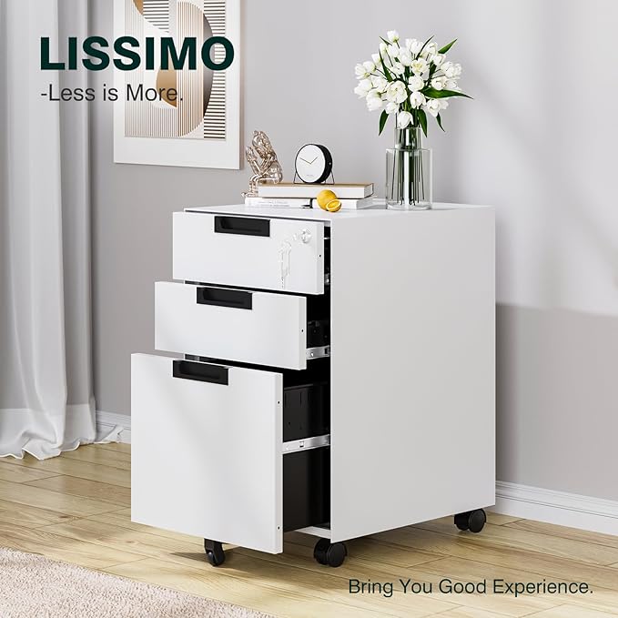Mobile File Cabinet,3 Drawer Locking Storage Filing Cabinet,Office Metal Storage Cabinet on Wheels for Legal/Letter/A4 File(Fully Assembled，White)