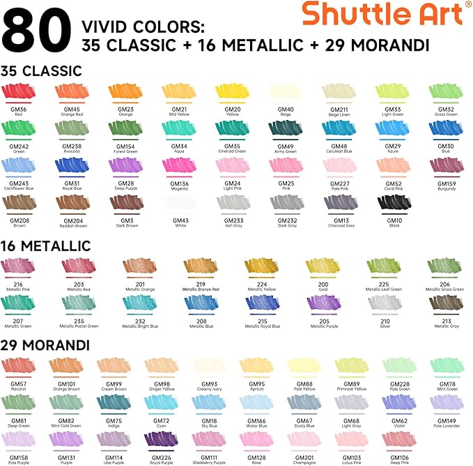 Shuttle Art 80 Colors Dual Tip Acrylic Paint Markers, Brush Tip and Fine Tip Acrylic Paint Pens for Rock Painting, Ceramic, Wood, Canvas, Plastic, Glass, Stone, Calligraphy, Card Making, DIY Crafts