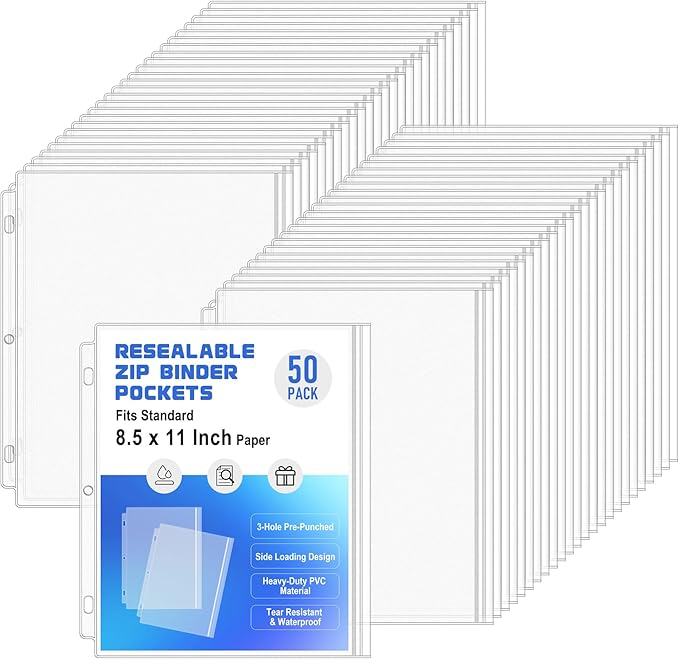 Antner 50 Pack Letter Size Binder Pockets for 3 Ring Binder, Waterproof Resealable Zip Loose Leaf File Bags Document Organizer Folders Insert Page Sleeves PVC 3-Hole Sheet Protectors for 8.5x11 Paper