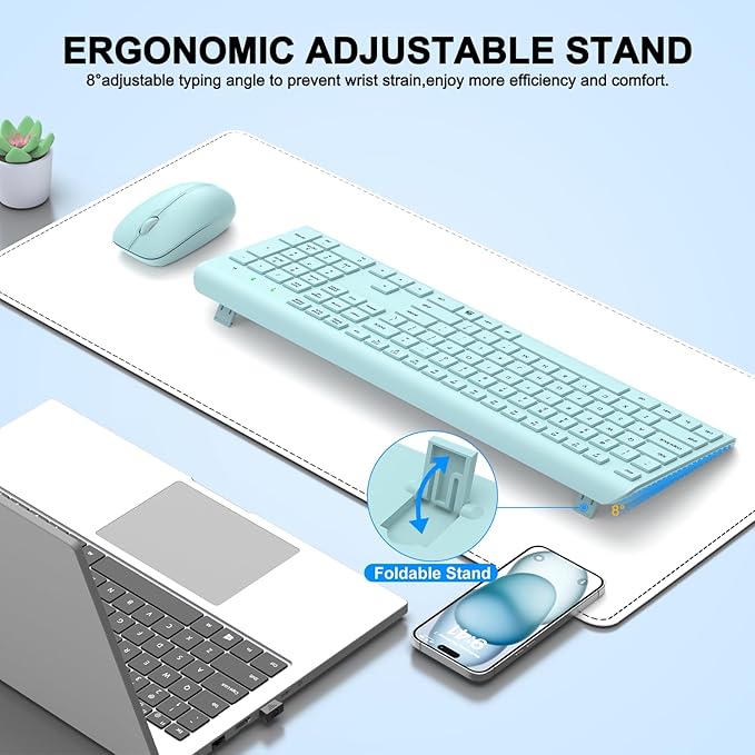 Wireless Keyboard and Mouse Combo, Full Size Silent Ergonomic Keyboard and Mouse, Long Battery Life, Optical Mouse, 2.4G Lag-Free Cordless Mice Keyboard for Computer, Mac, Laptop, PC, Windows(Green)