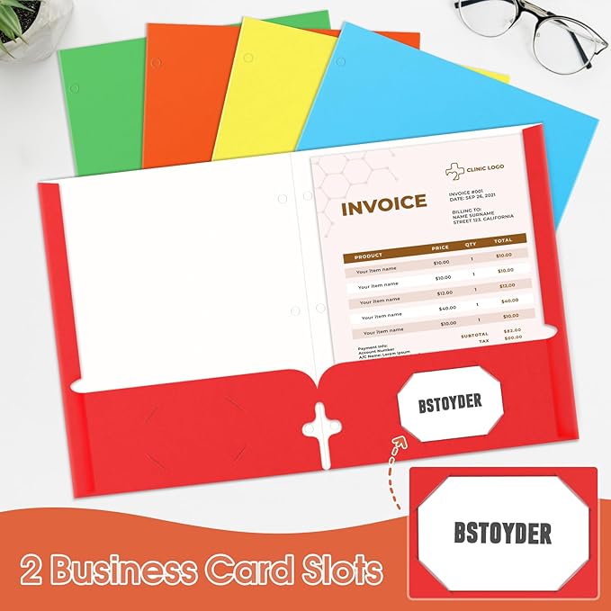 Folders with Pockets, 2 Paper Folders with Pockets (10 Pack, Assorted Colors), File Folders Letter Size, 3 Hole Punched with Business Card Slot, File Folders for School Office Home Documents