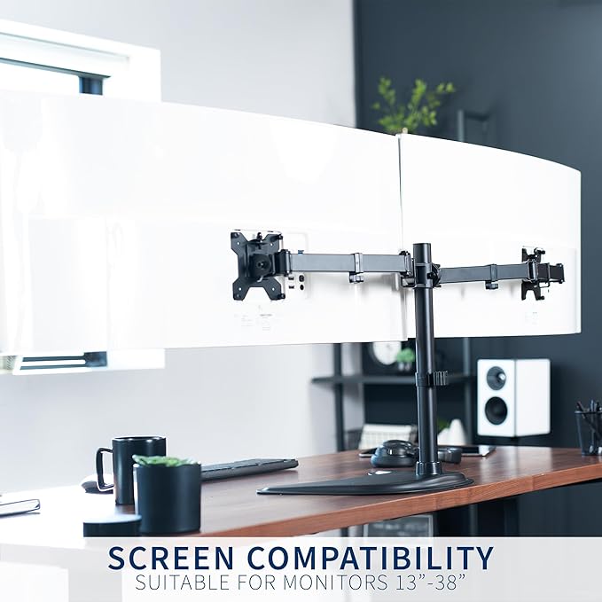 VIVO Dual Ultrawide Monitor Mount, Free-Standing Desk Stand for 2 Screens up to 38 Inches, Heavy-Duty Adjustable Arms, Max VESA 100x100mm, Black, STAND-V038F