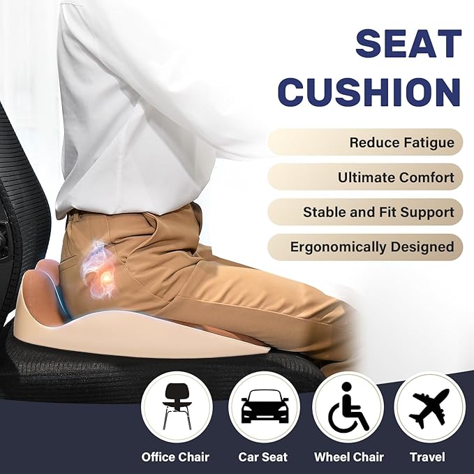 Coverado Car Seat Cushion, Memory Foam Office Chair Cushion for Car, Everlasting Comfort Sciatica & Hip & Tailbone Pain Relief Cushion for Long Sitting Driver Office Worker-Beige