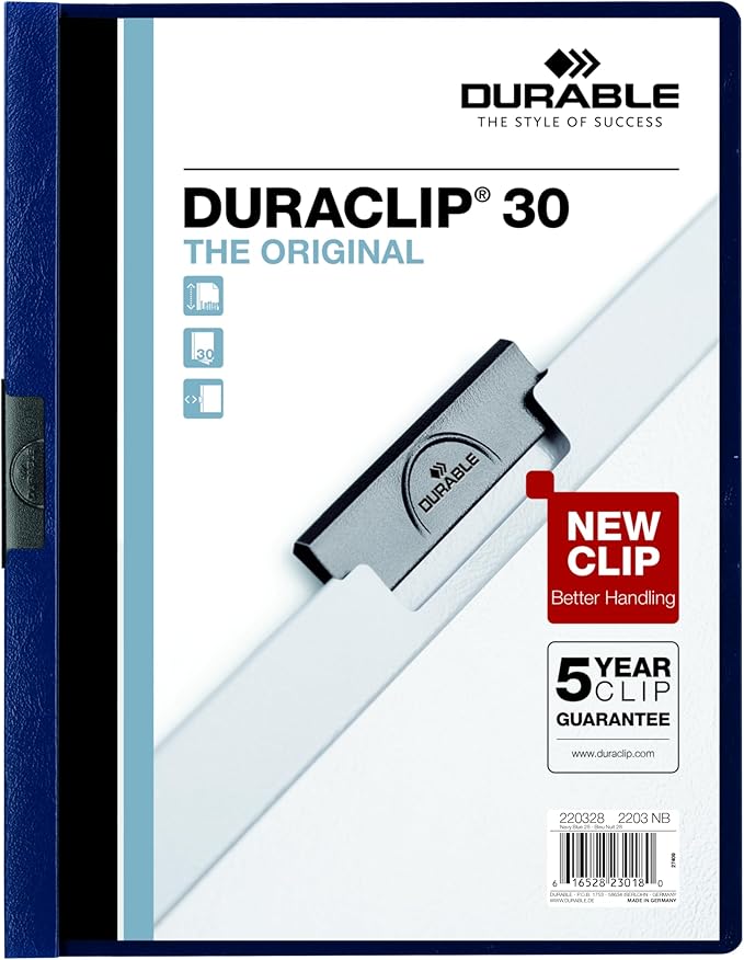 Durable Report Cover with DURACLIP Letter-Size 8.5" x 11" Inches - Holds Up to 30 Pages - Clear Cover and Navy Blue Border - Box of 25