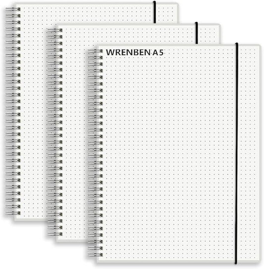 Bullet Journal Dotted Spiral Notebooks with 120 GSM Thick Paper, Elastic Band and Waterproof Cover, Total 480 Pages, 5.7''×8.3'' Medium Size Dot Paper Note Book for Work School (3 Pack, A5)