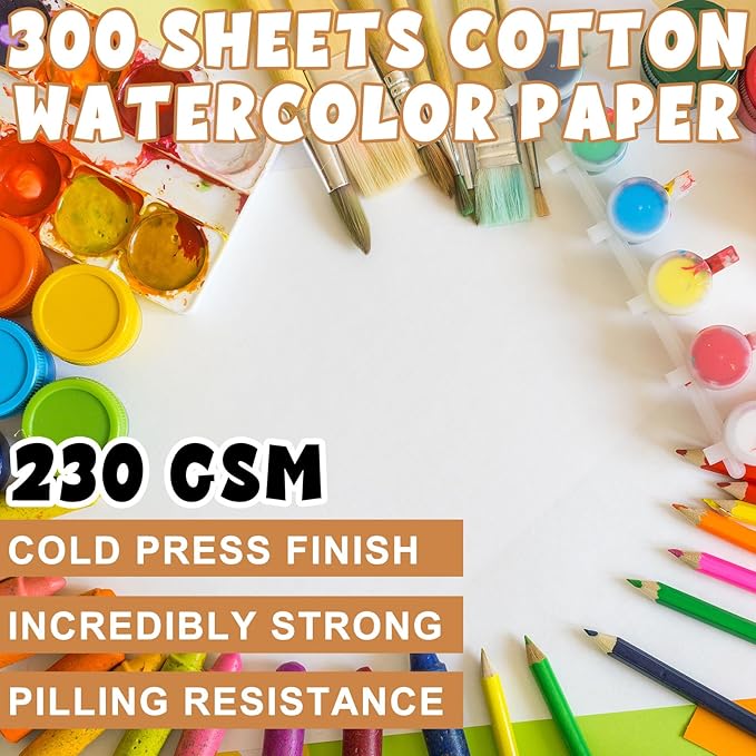 TaoBary 300 Pcs Watercolor Paper Sheet Bulk White Cold Press Paper Pack 110 lb 230 GSM Sketch Painting Watercolor Pad for Watercolorist Beginning Artists Adults Drawing Craft(8.5 x 11.5 Inch,230 GSM)
