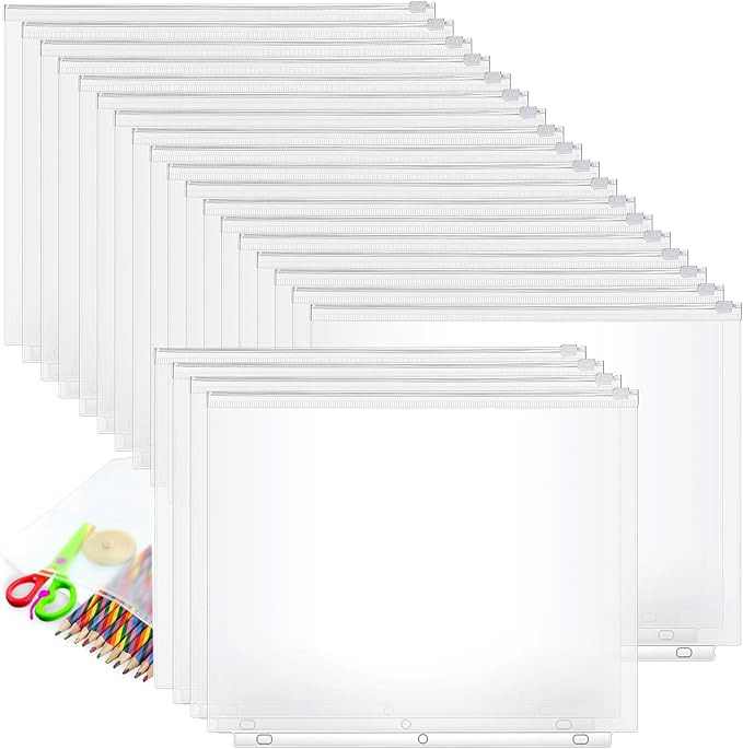 40 Pieces Binder Pockets 3 Hole Zipper Pouch 3 Ring A4 Pockets with Zipper Binder Folders Plastic Pouches Loose Leaf Bags Waterproof PVC Document Filing Bag(Clear,A4)