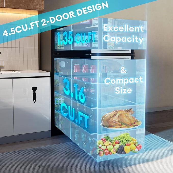 TABU 4.5 Cu.Ft Refrigerator with Top Freezer, Compact Double Door Fridge with Adjustable Thermostat & Removable Shelves, for Home, Office and Apartment, Black