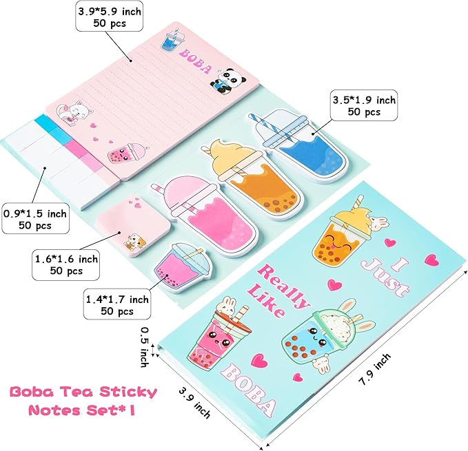 Xqumoi I Just Really Like Boba Sticky Notes Set, 550 Sheets, Cute Bubble Tea Self-Stick Notes Pads Milk Tea Theme Divider Tabs Bundle Writing Memo Pads Back to School Office Supplies Small Gift