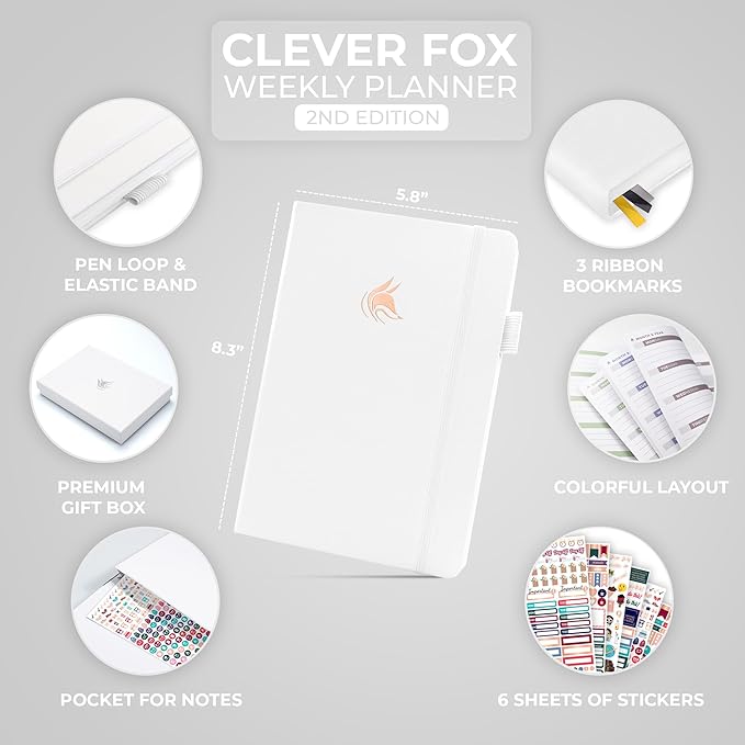 Clever Fox Planner 2nd Edition – Colorful Weekly & Monthly Goal Planner, Time Management & Productivity Organizer, Undated, A5 (White)