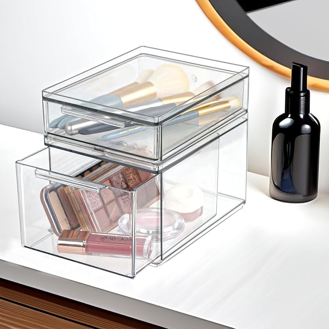 Set of 2 Stackable Storage Drawers - 6.7" Clear Plastic Drawer Storage, Acrylic Makeup Organizer, Desk Counter Cabinet Office Organizer, Bathroom Organizers and Storage (Modern/Set of 2)