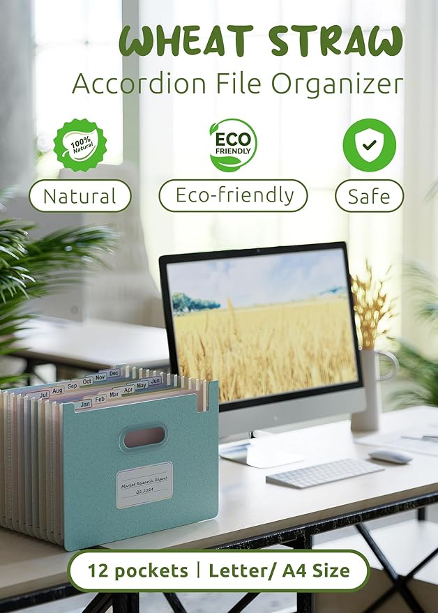 Accordion File Organizer, 12 Pockets Wheat Straw Expanding File Folders, Upright & Open Top, Monthly Bill Receipt Organizer, 100% BPA Free, Return to Nature, Healthy Living, Letter/A4 Size-Sky Blue