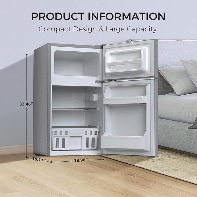 Kismile Mini Fridge with Freezer,3.2 Cu.Ft Compact Mini Refrigerator with Double 2 Door,Adjustable Temperature,Full Size for Home,Kitchen,Dorm,Apartment,Retro Grey