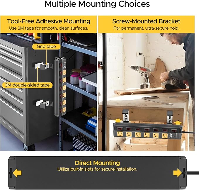 CRST 6 Outlet Metal Heavy Duty Power Strip with Individual Switches, 6FT Wall Mount Garage Power Strip, Surge Protector (1200 Joules), 15amp/1875W, 14AWG SJT Power Cord