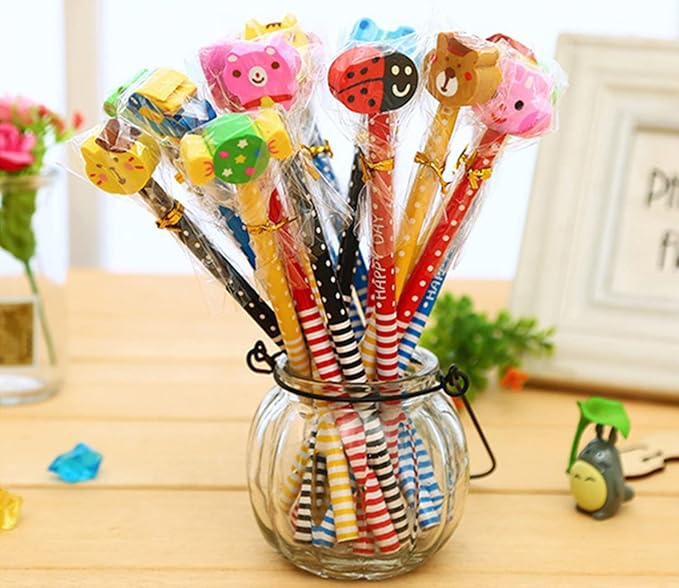 Yansanido Pack of 10 Colorful 7.28 Inch Length Random Cartoon Eraser Pencils, Cute Pencils for Office, School Supplies Students Children Gift (10)