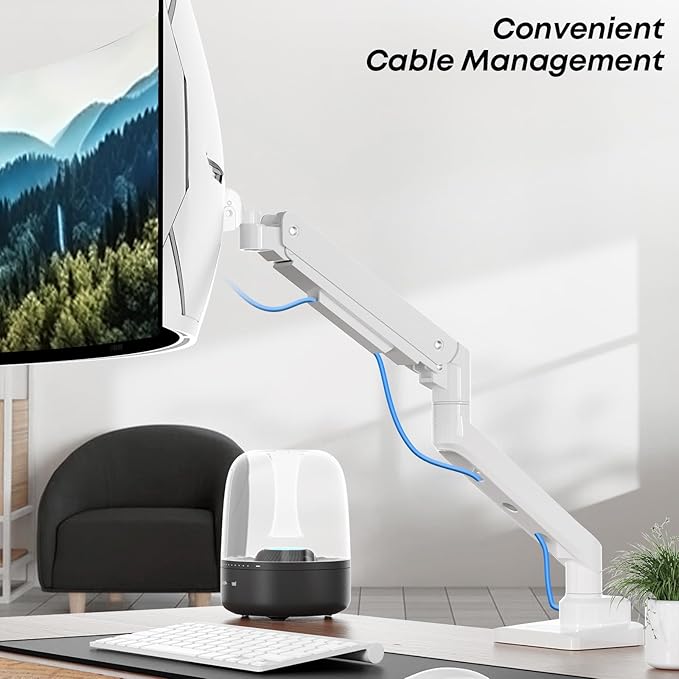 Premium Heavy Duty Monitor Arm for 17 to 49 inch Screens up to 44lbs, Fully Adjustable Ultrawide Single Clamp-on Desk Mount Stand, VESA 75x75/100x100mm (White)