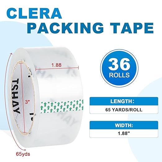 TSHAY Packing Tape, 36 Pack Heavy Duty Shipping and Moving Packing Tape, Clear, Packing and Moving Supplies, 1.88 inch Wide, 65 Yards Per Roll, Total 2340 Yards