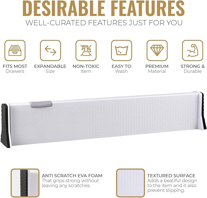 RAPTUROUS Adjustable Drawer Dividers, 2.5" Tall, Expandable 13-22", 3-Pack, Non-Slip for Dresser, Closet, Kitchen, Nursery, and Office (White)