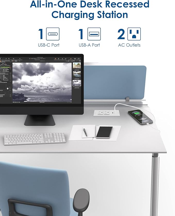 Recessed Power Strip USB C PD 30W Fast Charging,Flush Mount Desk Recessed Outlet,Space-Saver for Furniture Side Table,2 USB Ports,2 AC Outlets,6ft Cord,Ultra Thin Flat Plug,White