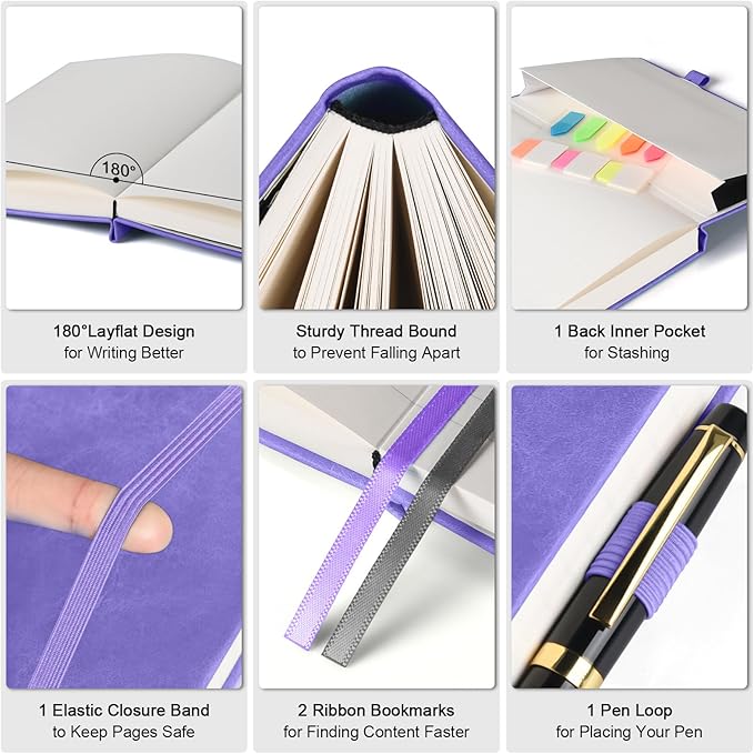 Lined Notebook Journal for Women Men, Large A5 College Ruled Notebook, 312 Numbered Pages Notebooks for Work, 100gsm Paper Daily Journal, Hardcover Vegan Leather Journals for Writing Office, Purple