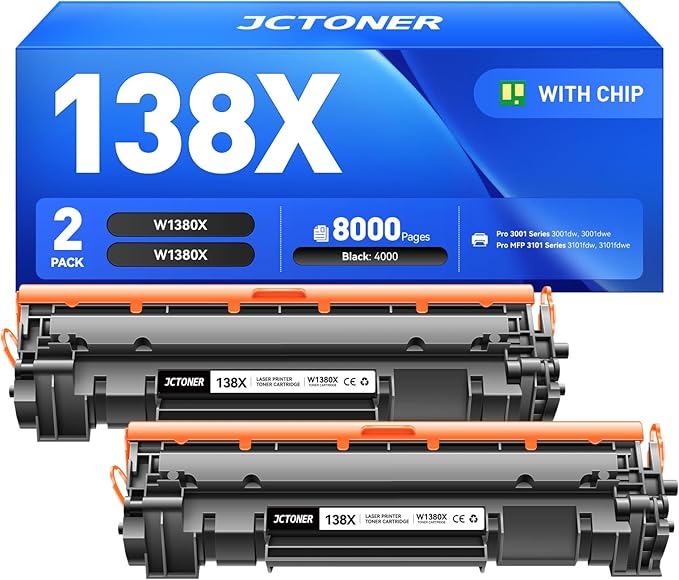 138X Black Toner Cartridge 2-Pack with Chip Compatible with HP 138X W1380X 138A W1380A Toner Replacement for Laserjet Pro MFP 3001dw 3001fdw 3101fdw Printer 3101 3001 Laser Printer All-in-One Copier