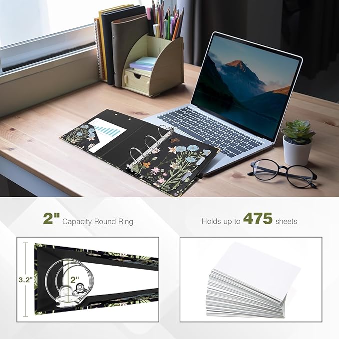 Ospelelf Small Three Ring Binder 2 Inch, Floral Round Ring Clipboard Binder with 5 Tab Dividers, File Folder Labels, for School and Office Supplies