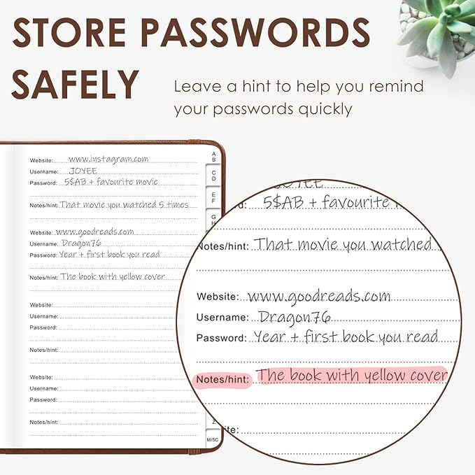 Elegant Password Book with Alphabetical Tabs - Hardcover Password Book for Internet Website Address Login - 5.2" x 7.6" Password Keeper and Organizer w/Notes Section & Back Pocket(Brown)