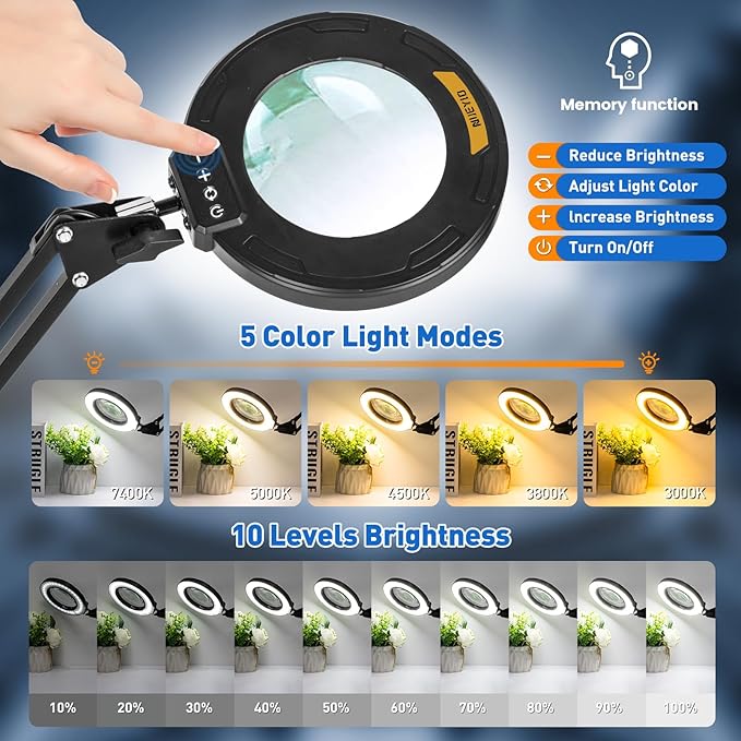 12X Long Swing Arm Magnifying Glass with Light and Stand, NUEYiO 4-Way Large Strong Metal Clamp Lighted Magnifier Lamp, 5 Color Modes LED Magnifying Lamp for Workbench, Crafting, Hobby