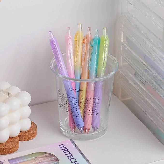 WRITECH Gel Pens Fine Point: 0.7mm Black Ink Retractable 6ct Smooth Writing with Aesthetic Gradient Color Barrel for Journaling Note Taking Silent Click No Smear Nebula Pen Set