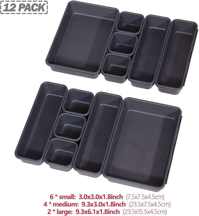 Set of 12 Interlocking Desk Drawer Organizer Tray Dividers Plastic Shallow Narrow Drawers Organizers Separators and Storage Bins Container for Kitchen Bathroom Makeup Office Vanity Bedroom Dresser