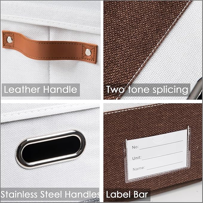 PRANDOM Foldable Storage Bins with Lids [3-Pack] Fabric Collapsible Storage Boxes Baskets Cubes Containers with Handles for Closet Living Room Bedroom (Brown & White 14.9x9.8x9.8'')