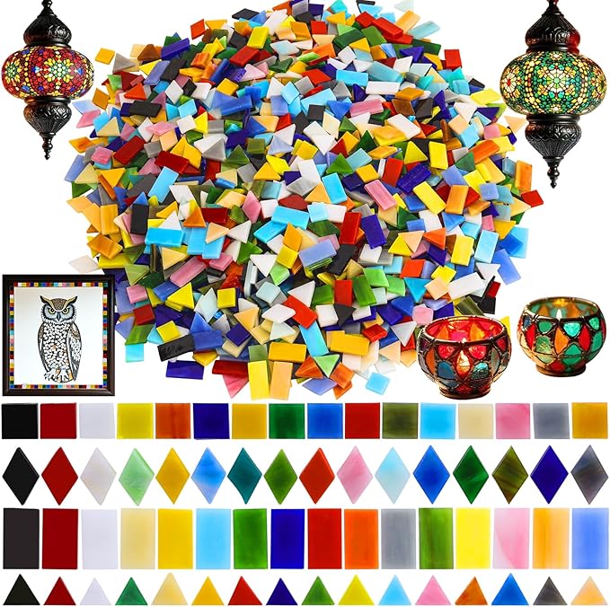 2400 Pcs Mosaic Tiles, Glass Mosaic Tiles for Crafts Bulk, Assorted Color Stained Mosaic Glass Pieces, Mosaic Supplies for Home Decoration, Art Crafts, DIY Projects, Opaque