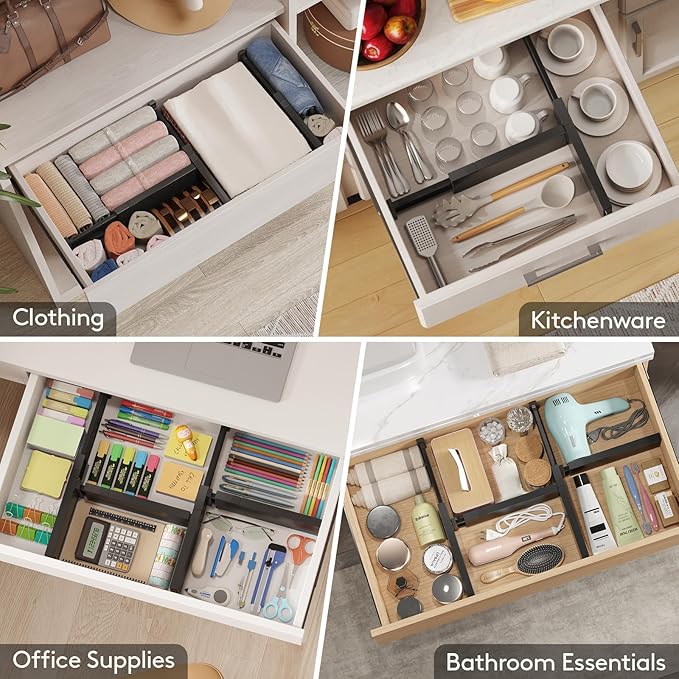 Lifewit 14 Pack Drawer Dividers 4" High, 11-17" Adjustable Drawer Organizers for Clothes, Expandable Dresser Separators in Bedroom/Bathroom/Kitchen/Fridge/Office Organization and Storage, Black