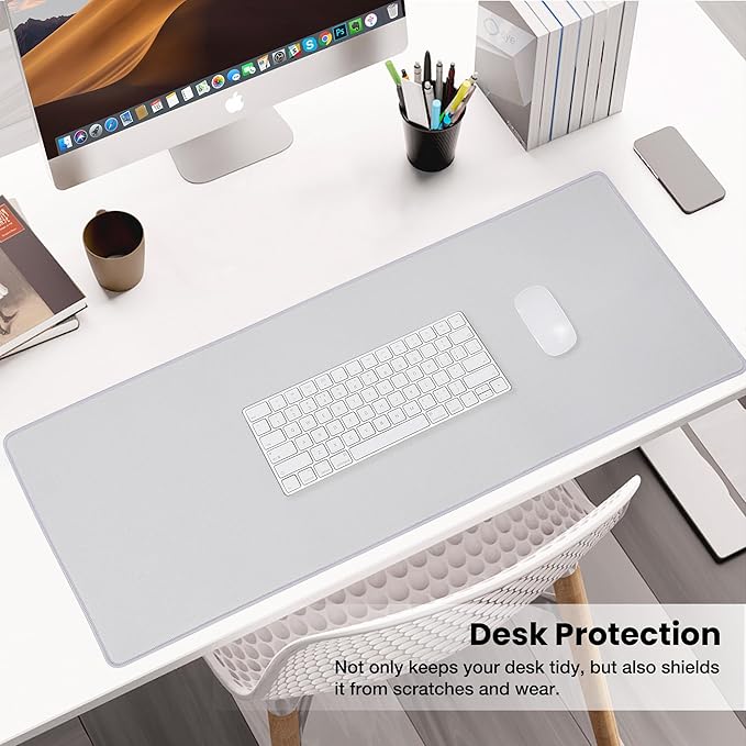 ALOANES Silvery Waterproof Desk Mat, Large Mouse Pad with Extended Mouse Mat, with Anti Slip Base, Stitched Edge, Grain Jacquard Surface, Perfect for Gamer, Office & Home, 3XL(15.74''x35.43''x0.12'')