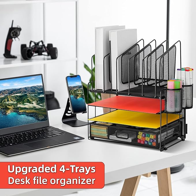 Marbrasse Desk organizer with Drawer, 4-Tier Mesh File Organizer with 5 Vertical File Holders and 2 Pen Holders, Multifunction Desktop Organizer,Desk Organizers and Accessories for Home Office
