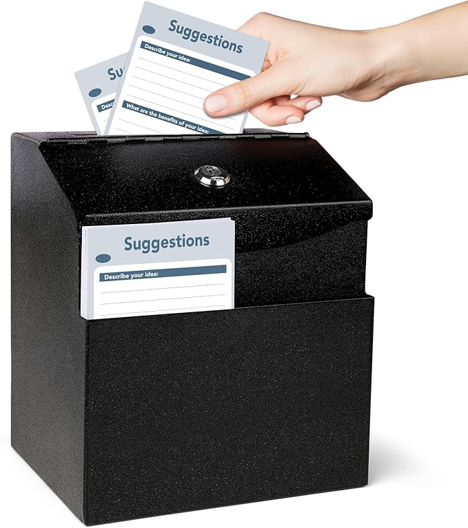 Suggestion Box with Slot and Lock Metal 8.4 x 5.8 x 7.0 inch Built-In Storage Compartment 50 Suggestion Cards Tip Jar Ballot Voting Prayer Comment Teacher Mailbox Booth Classroom Restaurant