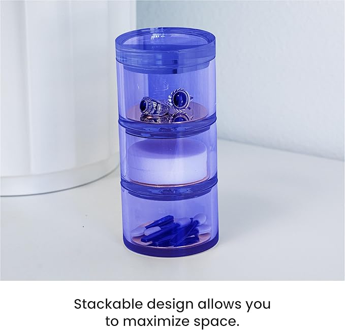 OfficeGoods 3-Tier Stackable Acrylic Holder- Stylish Desk Organizer and Storage for Office or Home – Transparent Round Design, Blue with Silver Metal Base