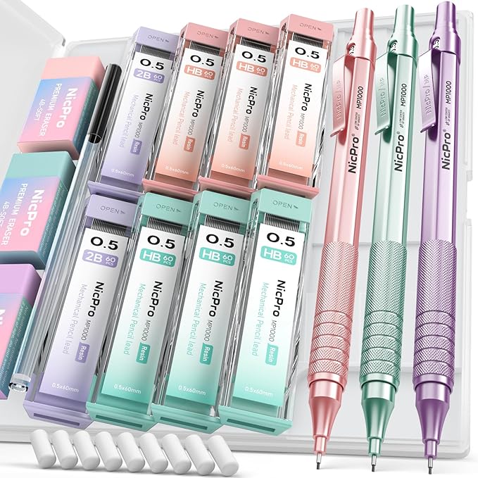Nicpro 0.5 mm Metal Mechanical Pencil Set, 3PCS MP1000 Artist Lead Pencils With 480PCS HB 2B Lead Refills, Erasers, Aesthetic School Supplies for Girls & Women Teacher Writing Drawing Sketching