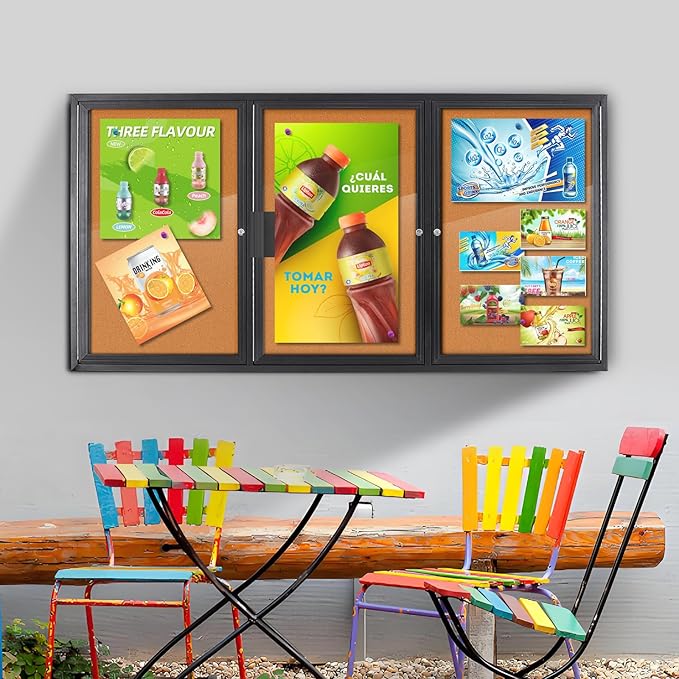 Enclosed Bulletin Board Lockable,3 Doors Weatherproof Outdoor Noticeboard with Locking Door, Wall-Mounted Aluminum Framed Presentation Board, 70x36 Inch
