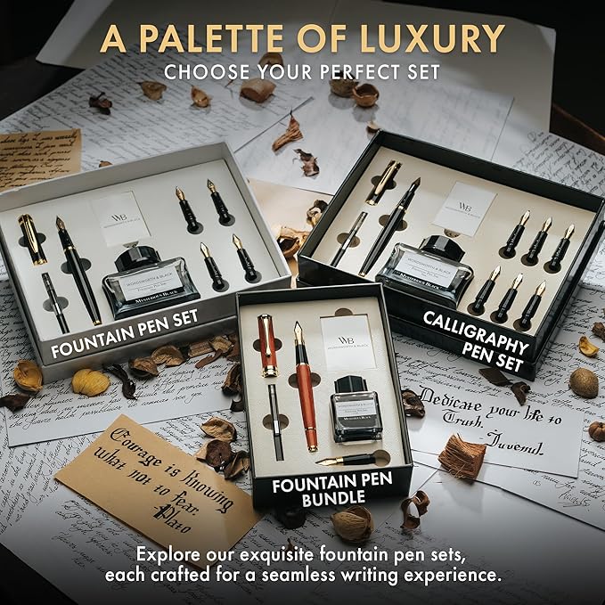 Wordsworth & Black Fountain Pen Set, Luxury Bamboo Wood - Medium Nib, Extra Fine Nib, Gift Case; 25ML Black Ink Bottle, 6 Ink Cartridges, Refill Converter - Calligraphy, Writing [Brown Wood]