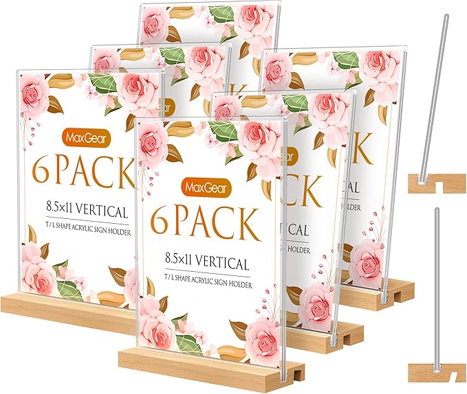 MaxGear L/T Shape Acrylic Sign Holder, 8.5 X 11 Clear Table Display Stand with Wooden Base, Flyer Menu Holder Photo Frames Paper Stand for Office, Wedding, Restaurants, Hotels 6 Pack