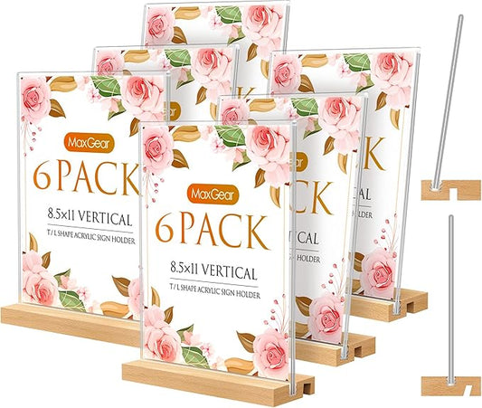 MaxGear L/T Shape Acrylic Sign Holder, 8.5 X 11 Clear Table Display Stand with Wooden Base, Flyer Menu Holder Photo Frames Paper Stand for Office, Wedding, Restaurants, Hotels 6 Pack