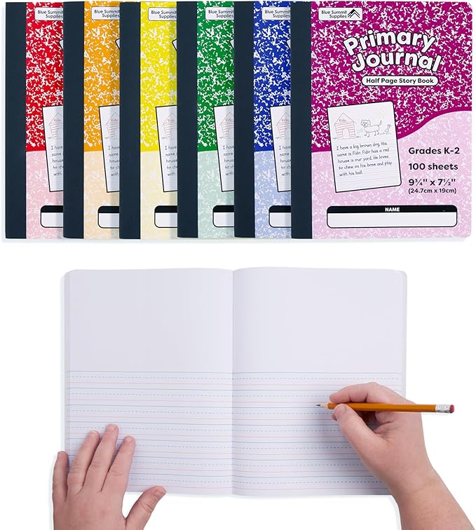 Blue Summit Primary Composition Notebook K-2, Primary Journal Grades K-2, Writing Journal for Kids in Preschool, Kindergarten Notebook For Kids to Learn to Write, 100 Sheets, 6 Pack, Assorted Colors